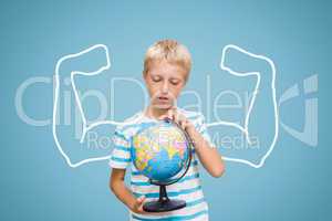 Student boy with fists graphic holding a globe against blue background