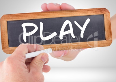 Hand writing play on blackboard with chalk