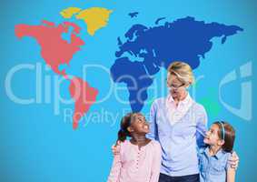 Kids with teacher in front of colorful world map