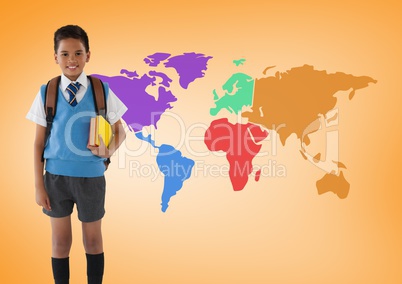 Schoolboy in front of colorful world map