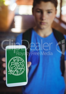 Boy holding a phone with school icons on screen