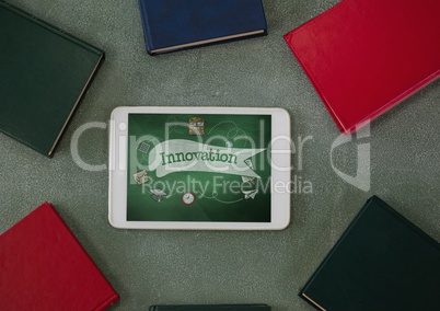 Tablet on a school table with school icons on screen