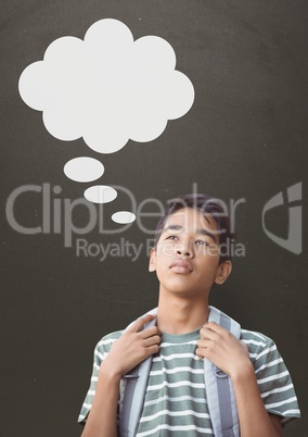 Student boy with speech bubble looking up against grey background