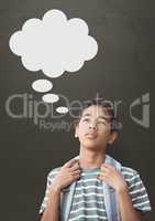 Student boy with speech bubble looking up against grey background
