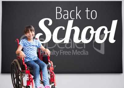 Back to school text on blackboard with disabled girl in wheelchair