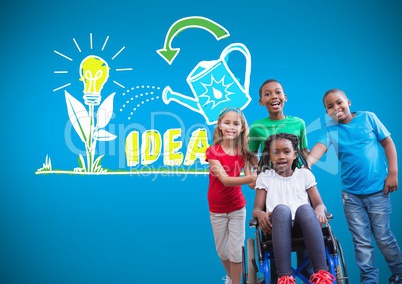 Disabled girl in wheelchair with friends with colorful idea graphic drawings