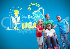 Disabled girl in wheelchair with friends with colorful idea graphic drawings
