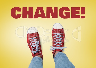 Change text and Red shoes on feet with yellow background