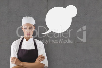 Chef woman with speech bubble against grey background