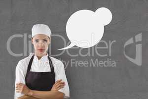 Chef woman with speech bubble against grey background