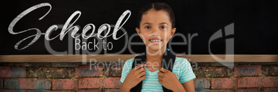 Composite image of portrait of smiling girl with bag