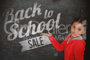 Composite image of portrait of smiling girl gesturing against white background