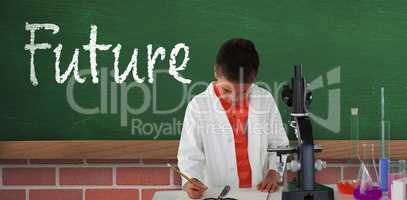 Composite image of schoolboy writing on note pad