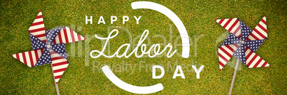 Composite image of digital composite image of happy labor day text with blue outline