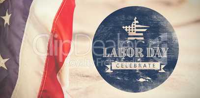 Composite image of digital composite image of celebrate labor day text with american flag on blue po
