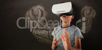Composite image of boy gesturing while using virtual reality headset