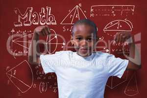 Composite image of portrait of boy flexing muscles