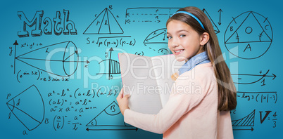 Composite image of portrait of smiling girl holding book