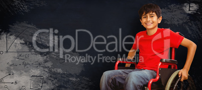 Composite image of portrait of boy sitting in wheelchair