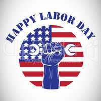Happy labor day text over cropped hand holding tools