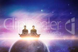 Composite image of silhouette man and woman doing meditation