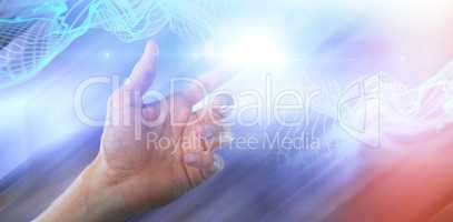 Composite image of hand of man pretending to touch an invisible screen