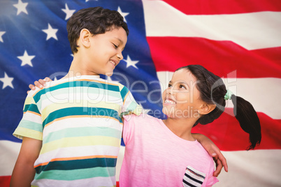 Composite image of happy friends against white background