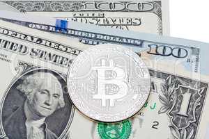 American dollars on white background covered with silver bitcoin