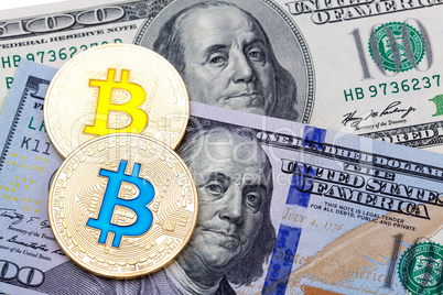 Golden bitcoins on US dollars. Electronic money exchange concept