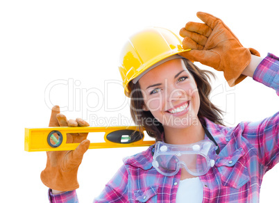Female Construction Worker with Level Wearing Gloves, Hard Hat a