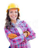 Female Construction Worker Wearing Gloves, Hard Hat and Protecti