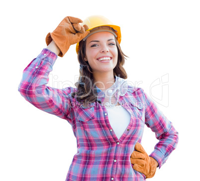 Female Construction Worker Wearing Gloves, Hard Hat and Protecti