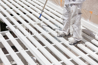 Professional Painter Rolling White Paint Onto The Top of A Home