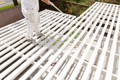 Professional Painter Rolling White Paint Onto The Top of A Home