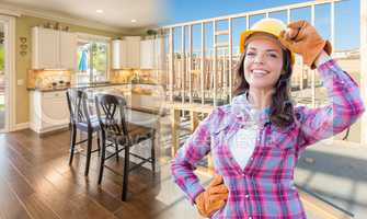 Female Construction Worker In Front of House Framing Gradating t