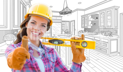 Female Construction Worker With Thumbs Up Holding Level In Front