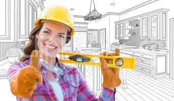 Female Construction Worker With Thumbs Up Holding Level In Front