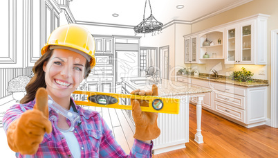 Female Construction Worker In Front of Custom Kitchen Drawing Gr