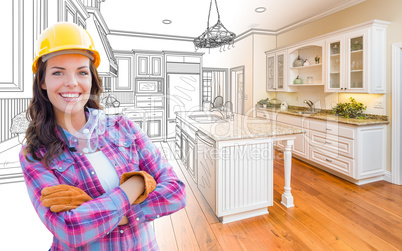 Female Construction Worker In Front of Custom Kitchen Drawing Gr