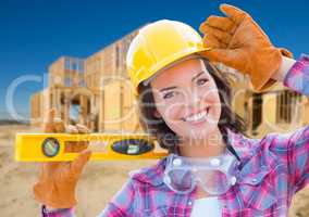 Female Construction Worker Holding Level Wearing Gloves, Hard Ha