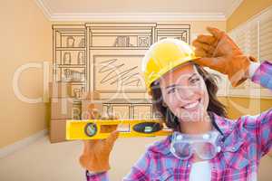 Female Construction Worker Holding Level In Front of Custom Buil