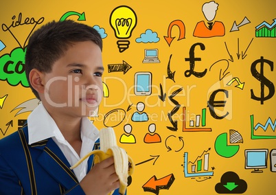 boy eating banana in front of colorful concept ideas