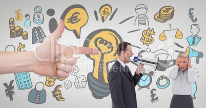 Hand pointing at business people against white background business icons