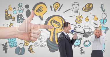 Hand pointing at business people against white background business icons