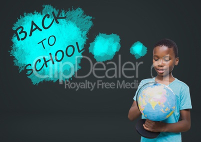 Back to school text and boy holding world globe
