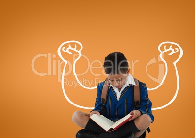 Student boy with fists graphic reading against orange background