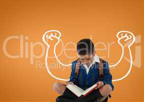 Student boy with fists graphic reading against orange background