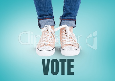 Vote text and Beige shoes on feet with blue background