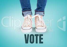 Vote text and Beige shoes on feet with blue background