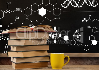 Books on Desk foreground with blackboard graphics of science formula drawings diagrams
